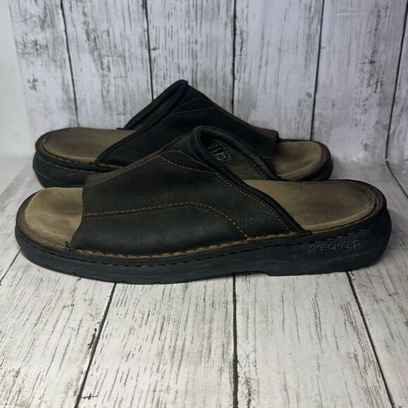 Skechers VTG 90s Sandals Slides Mens Brown Leather Casual Comfort Vacation 11 - Picture 6 of 9